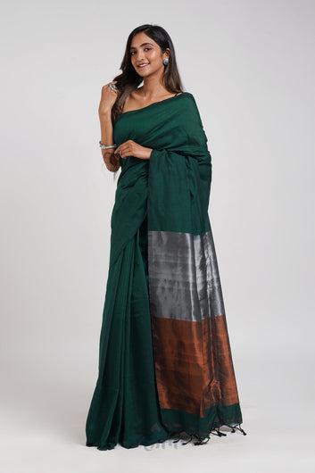 AYSR Boutique Mystical Green Hand Woven Cotton Tissue Saree with Blouse Piece