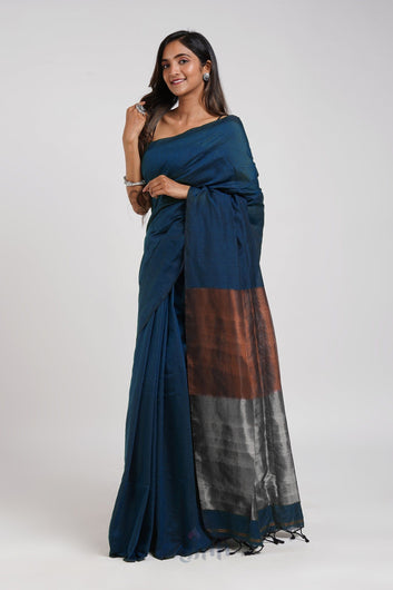 AYSR Boutique Inara Blue Hand Woven Cotton Tissue Weaving Saree with Blouse Piece