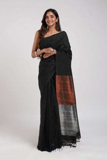 AYSR Boutique Dusk and Dawn Black Hand Woven Cotton Tissue  Saree with Blouse Piece