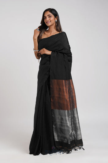 AYSR Boutique Dusk and Dawn Black Hand Woven Cotton Tissue  Saree with Blouse Piece