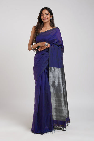 AYSR Boutique Nysaa Navy Blue Hand Woven Cotton Tissue Weaving Saree with Blouse Piece