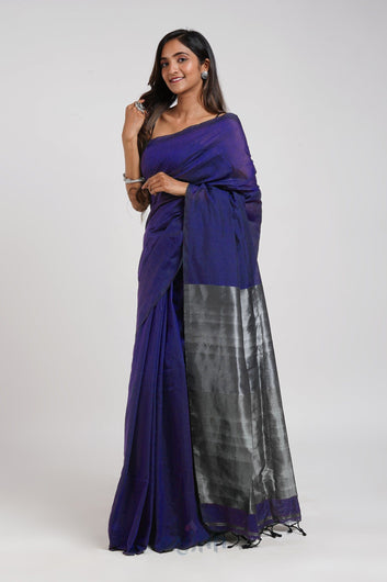 AYSR Boutique Nysaa Navy Blue Hand Woven Cotton Tissue Weaving Saree with Blouse Piece