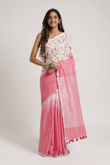 AYSR Boutique Spring Sunshine Light Pink Linen Saree With Blouse Piece