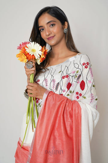 AYSR Boutique Floral Wave Red and White Linen Saree with Blouse Piece