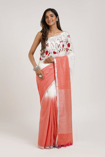 AYSR Boutique Floral Wave Red and White Linen Saree with Blouse Piece