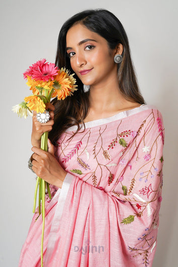 AYSR Boutique Powder Pink Crush  Light Pink Linen Saree with Blouse  Piece