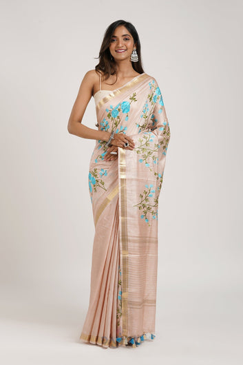 AYSR Boutique Gulrang Cream and Blue Silk Linen Saree with Blouse Piece