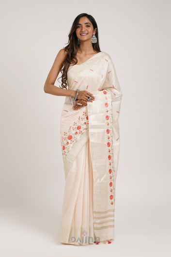 AYSR Boutique Batika Cream Pure Silk Linen Saree with Blouse Piece