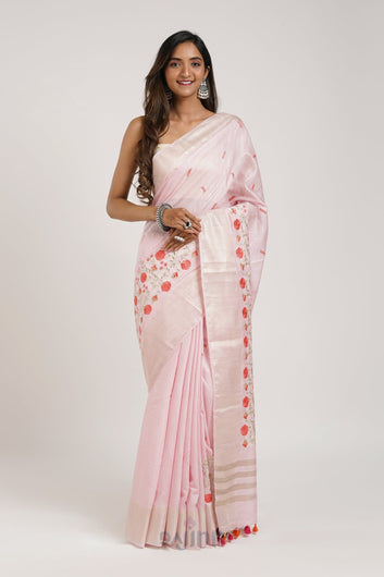 AYSR Boutique Keya Pink Pure Silk Linen Saree With Blouse Piece
