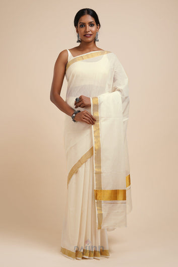AYSR Boutique Kalyani White and Gold Kerala Cotton Kasavu Saree
