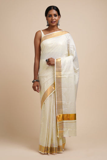 AYSR Boutique Madhavi White and Gold Kerala Cotton Kasavu Saree