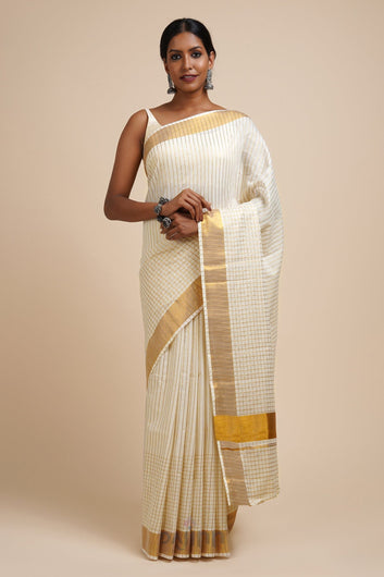 AYSR Boutique Taara White and Gold Kerala Cotton Kasavu Saree