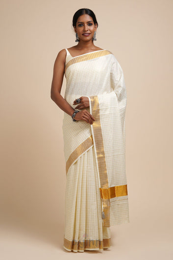 AYSR Boutique Padma White and Gold Kerala Cotton Kasavu Saree