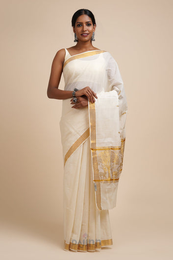 AYSR Boutique Jaya White and Gold Kerala Cotton Kasavu Saree