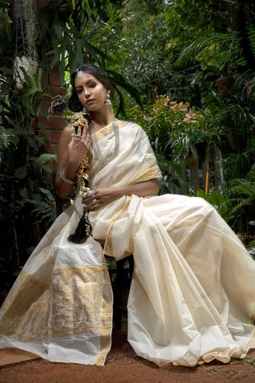 AYSR Boutique Anjila White and Gold Kerala Cotton Kasavu Saree