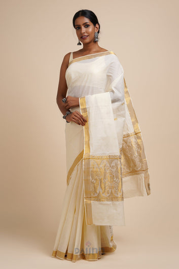 AYSR Boutique Anjila White and Gold Kerala Cotton Kasavu Saree