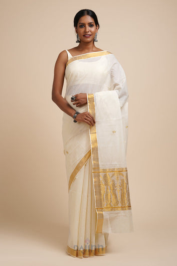 AYSR Boutique Kalleshwari White and Gold Kerala Cotton Kasavu Saree