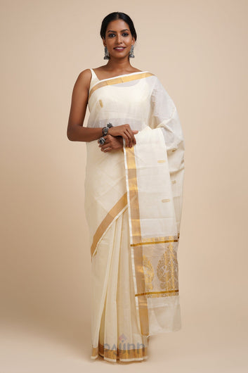 AYSR Boutique Arandhini White and Gold Kerala Cotton Kasavu Saree