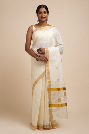 AYSR Boutique Preetika White and Gold Kerala Cotton Kasavu Saree
