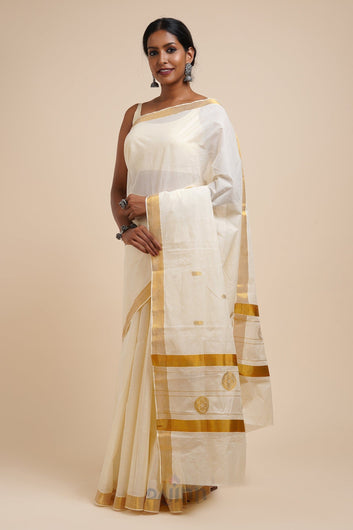 AYSR Boutique Preetika White and Gold Kerala Cotton Kasavu Saree