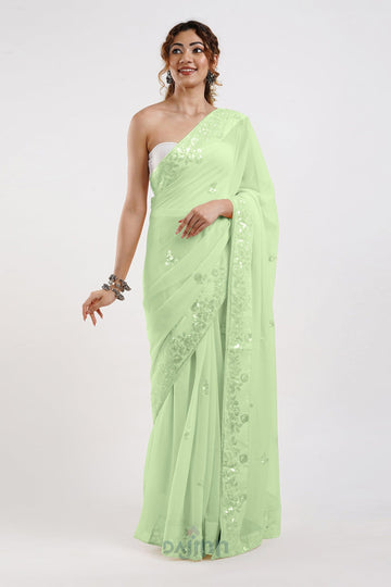 AYSR Boutique Parv Pista Green Georgette Ready to Drape Saree