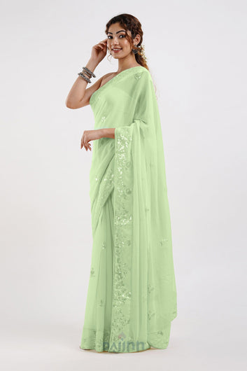 AYSR Boutique Parv Pista Green Georgette Ready to Drape Saree
