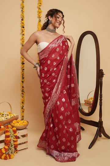 AYSR Boutique Taaki Red Linen Soft Cotton Ready to Drape Saree