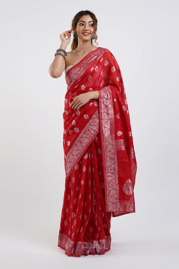 AYSR Boutique Taaki Red Linen Soft Cotton Ready to Drape Saree