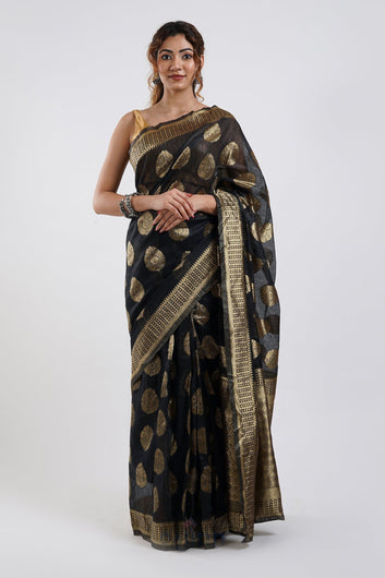 AYSR Boutique Kalmah Black Soft Cotton Silk Ready to Drape Saree