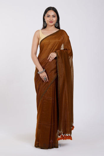 AYSR Boutique Leya Brown Cotton Zari Saree