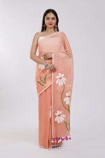 AYSR Boutique Blossom Breeze Peach Printed Mulmul Cotton Saree