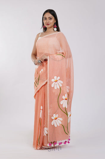 AYSR Boutique Blossom Breeze Peach Printed Mulmul Cotton Saree