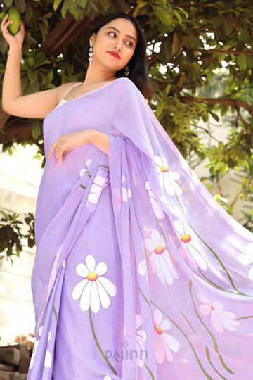 AYSR Boutique Blossom Breeze Purple Printed Mulmul Cotton Saree