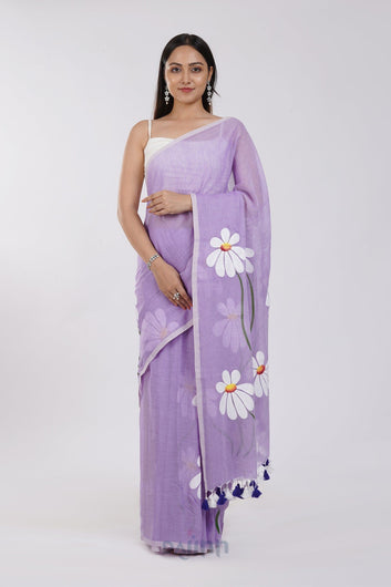 AYSR Boutique Blossom Breeze Purple Printed Mulmul Cotton Saree