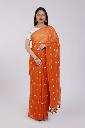 AYSR Boutique Reiya Rust Orange Embroidered Mulmul Cotton Saree