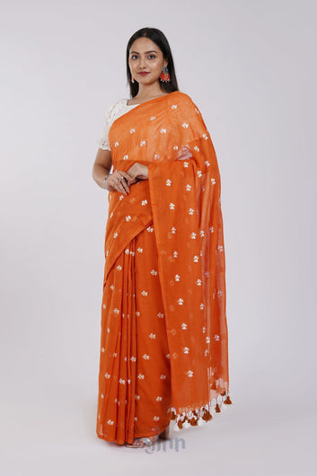 AYSR Boutique Reiya Rust Orange Embroidered Mulmul Cotton Saree