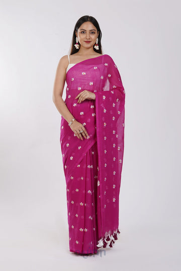 AYSR Boutique Reiya Magenta Embroidered Mulmul Cotton Saree