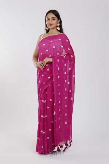 AYSR Boutique Reiya Magenta Embroidered Mulmul Cotton Saree