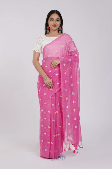 AYSR Boutique Reiya Pink Embroidered Mulmul Cotton Saree