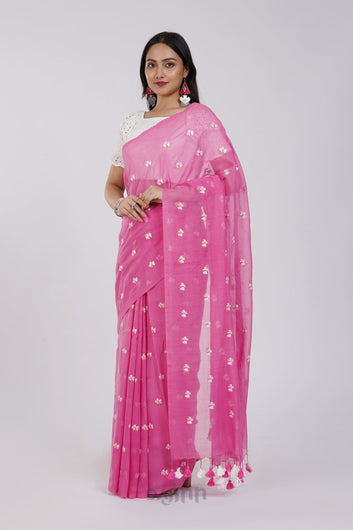 AYSR Boutique Reiya Pink Embroidered Mulmul Cotton Saree