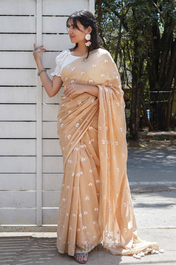 AYSR Boutique Reiya Beige Embroidered Mulmul Cotton Saree