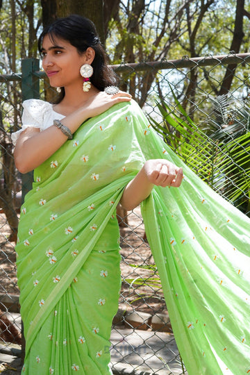 AYSR Boutique Reiya Light Green Embroidered Mulmul Cotton Saree