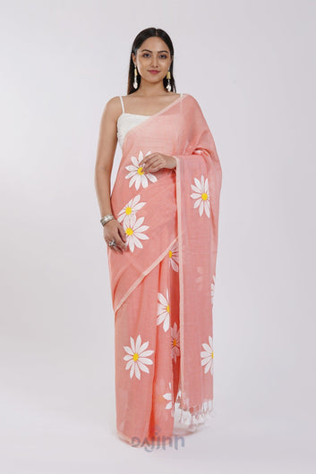 AYSR Boutique Kusuma Peach Pink Mul Cotton Printed Saree