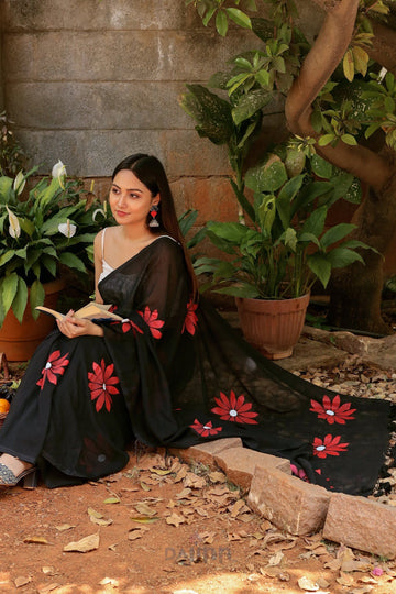 AYSR Boutique Kusuma Black and Red Mul Cotton Printed Saree