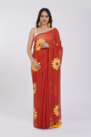 AYSR Boutique Kusuma Rust Orange Mul Cotton Printed Saree