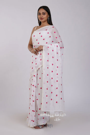 AYSR Boutique Chahna White and Pink Mul Cotton Heart Embroidery Saree