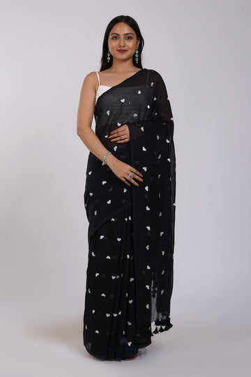AYSR Boutique Chahna Black and White Mul Cotton Heart Embroidery Saree