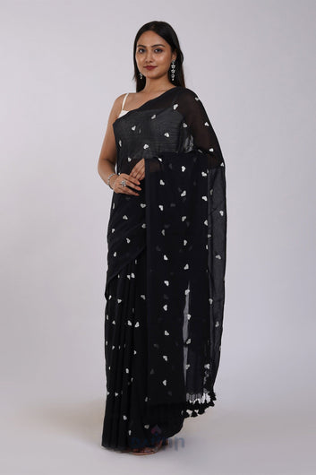 AYSR Boutique Chahna Black and White Mul Cotton Heart Embroidery Saree