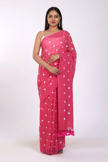 AYSR Boutique Chahna Pink and White Mul Cotton Heart Embroidery Saree