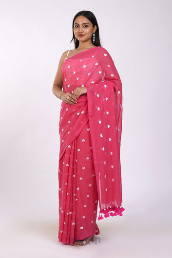 AYSR Boutique Chahna Pink and White Mul Cotton Heart Embroidery Saree